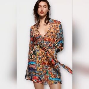 Zara Orange and Blue Graphic Tie Front Blouse